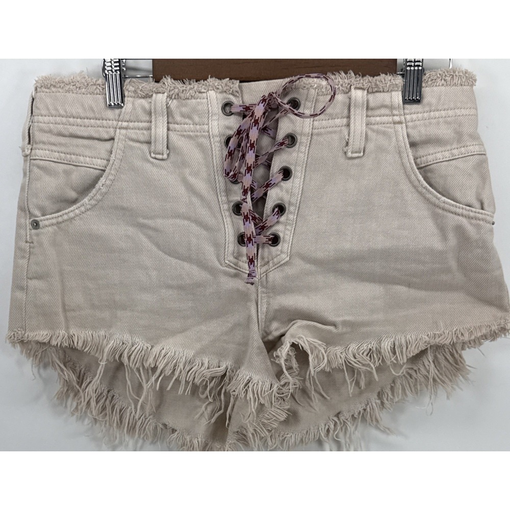 Free People Womens Becket Shorts Sz 28 Beige Slouchy Frayed Hem Laced Up Denim